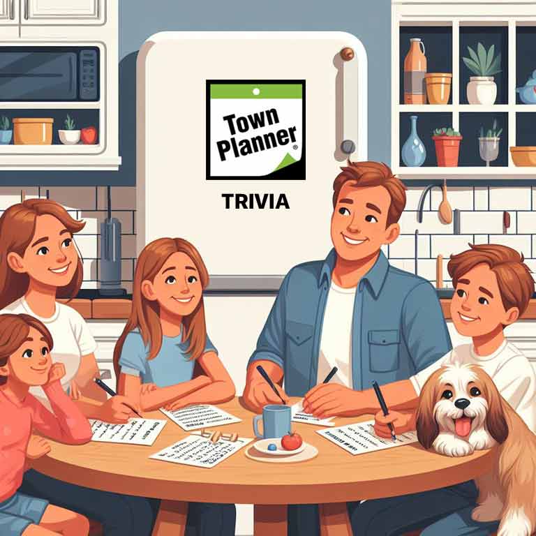 Family sitting at table answering Town Planner trivia questions