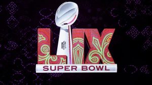 Super Bowl 59 logo with bright colors and beadwork, featuring the Vince Lombardi Trophy and Roman numerals.