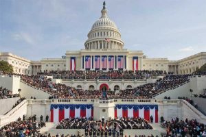 U.S. Capitol decorated with red, white, and blue bunting for Inauguration Day 2025.